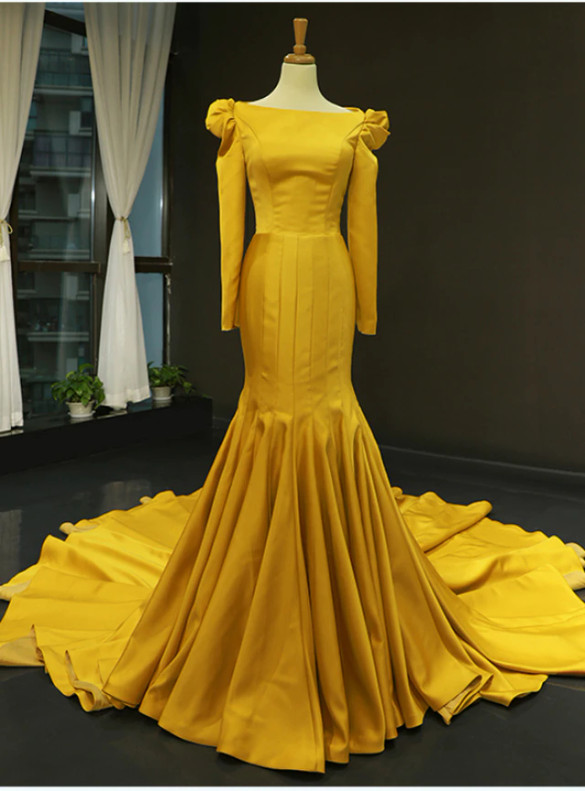 Yellow Mermaid Satin Long Sleeve Prom Dress With Train