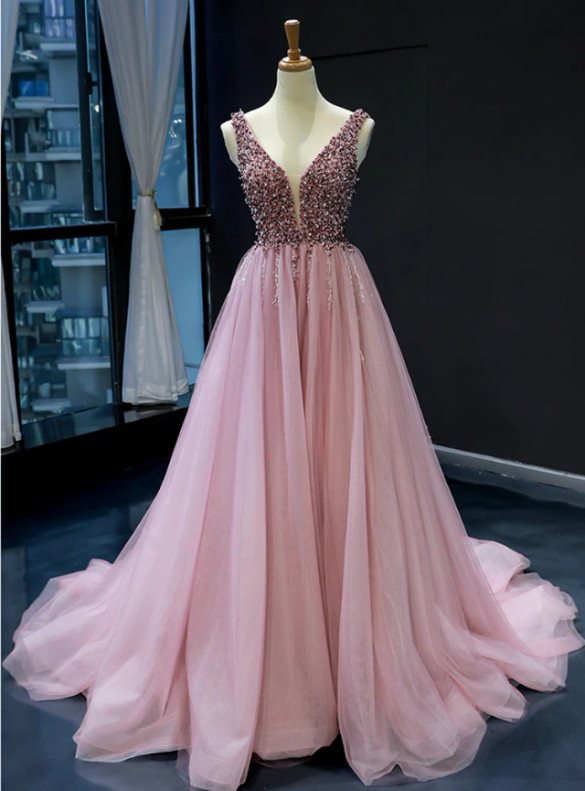 Pink Tulle V-neck Beading Sequins Prom Dress