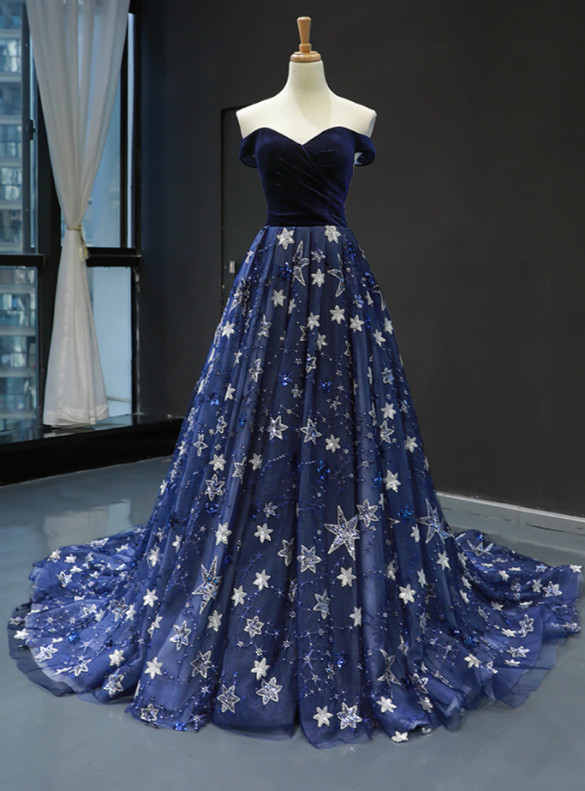Navy Blue Tulle Velvet Sequins Off the Shoulder Prom Dress