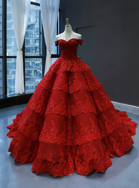 Burgundy Ball Gown Tulle Appliques Beading Prom Dress