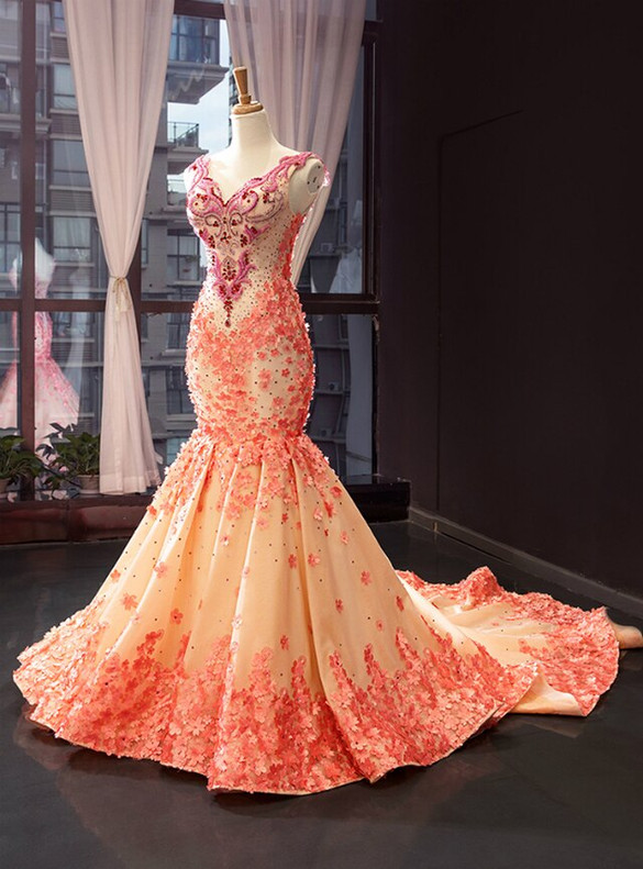 Yellow Mermaid Hand Work Beading V-neck Prom Dress