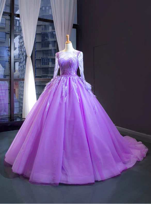 Purple Tulle Appliques Long Sleeve Beading Prom Dress