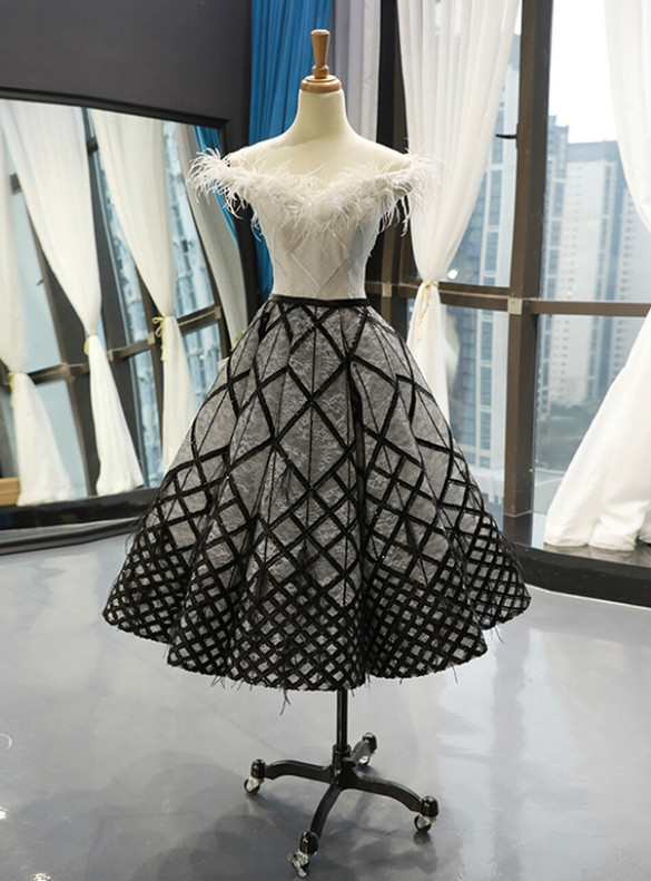 Black Sequins Feather Off the Shoulder Short Prom Dress