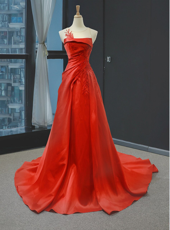 A-Line Red Satin Pleats Beaading Prom Dress