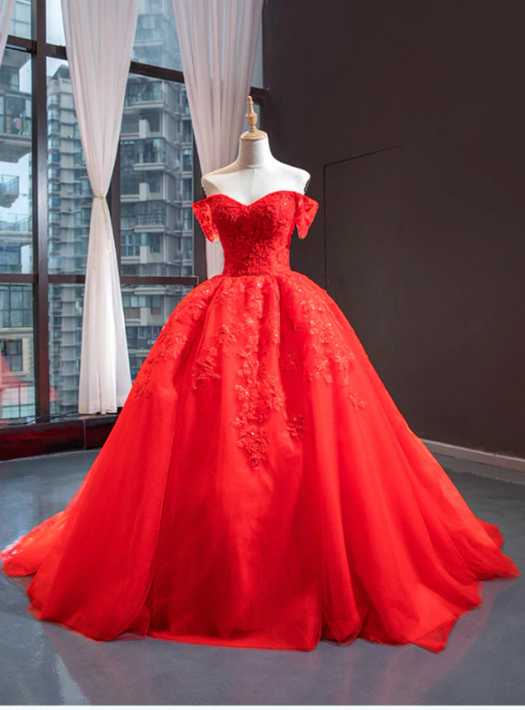 Red Ball Gown Tulle Sequins Appliques Prom Dress