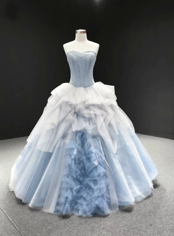 Blue Tulle Strapless Floor Length Prom Dress
