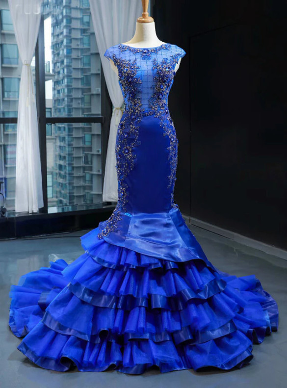 Royal Blue Mermaid Satin Cap Sleeve Beading Prom Dress