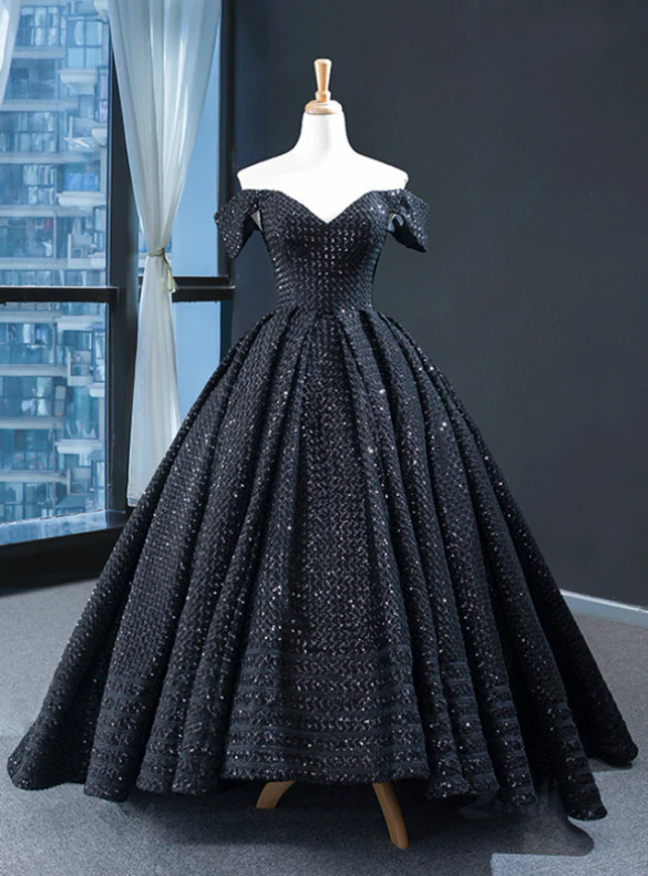 Black Hi Lo Sequins Off the Shoulder Prom Dress