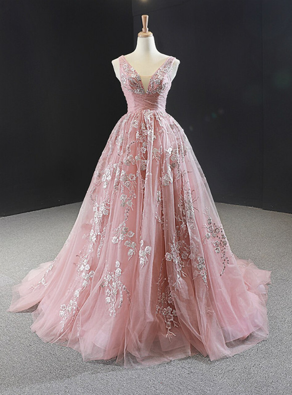 Pink Tulle V-neck Embroidery Pearls Prom Dress