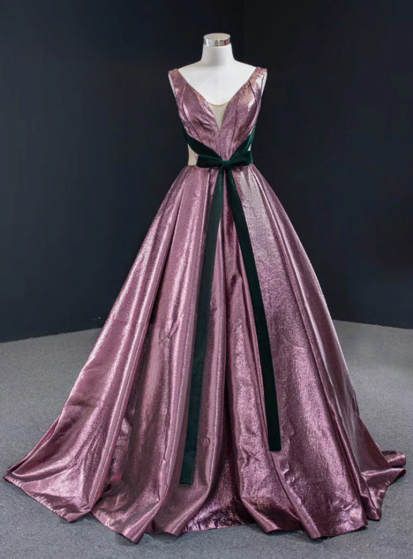 Purple Satin V-neck Pleats Prom Dress With Green Velvet