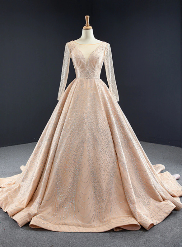 Gold Ball Gown Tulle Sequins Long Sleeve Prom Dress
