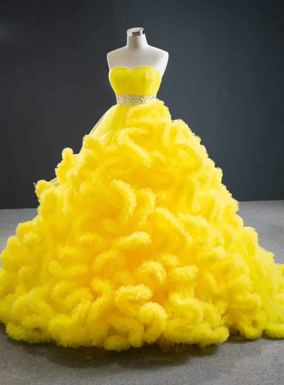 Yellow Ball Gown Tulle Strapless Beading Crystal Prom Dress