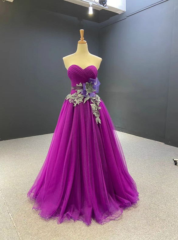 Purple Tulle Pleats Sweetheart Appliques Prom Dress