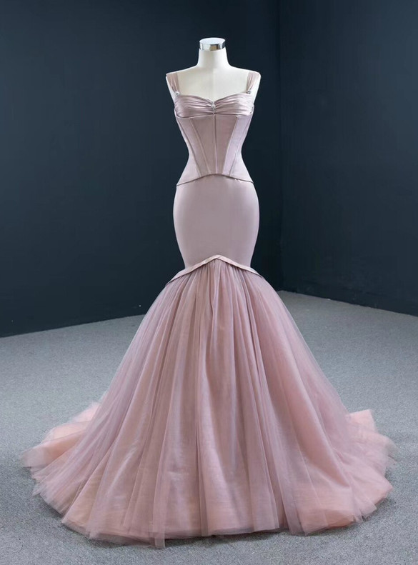 Pink Mermaid Satin Tulle Straps Prom Dress