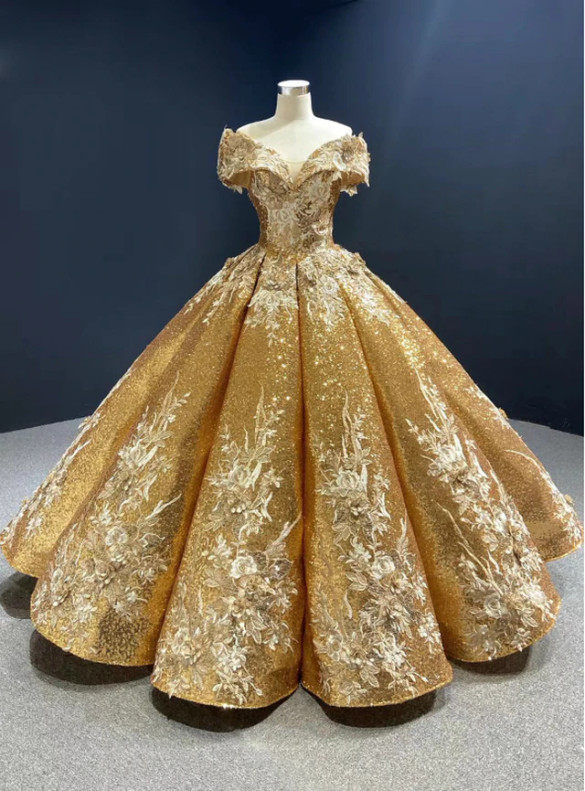 Gold Sequins Off the Shoulder Appliques Prom Dress