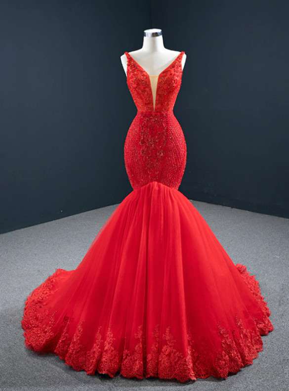 Red Mermaid Tulle V-neck Beading Prom Dress