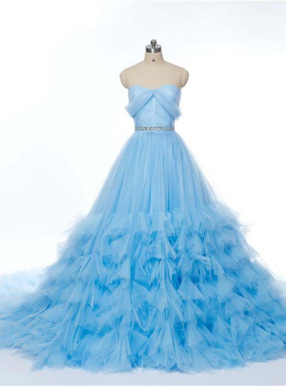 Light Blue Tulle Strapless Beading Sweet 16 Dress