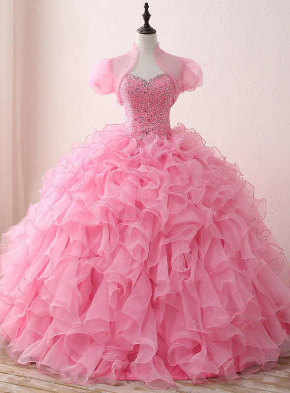 Pink Organza Sweetheart Beading Crystal Quinceanera Dress