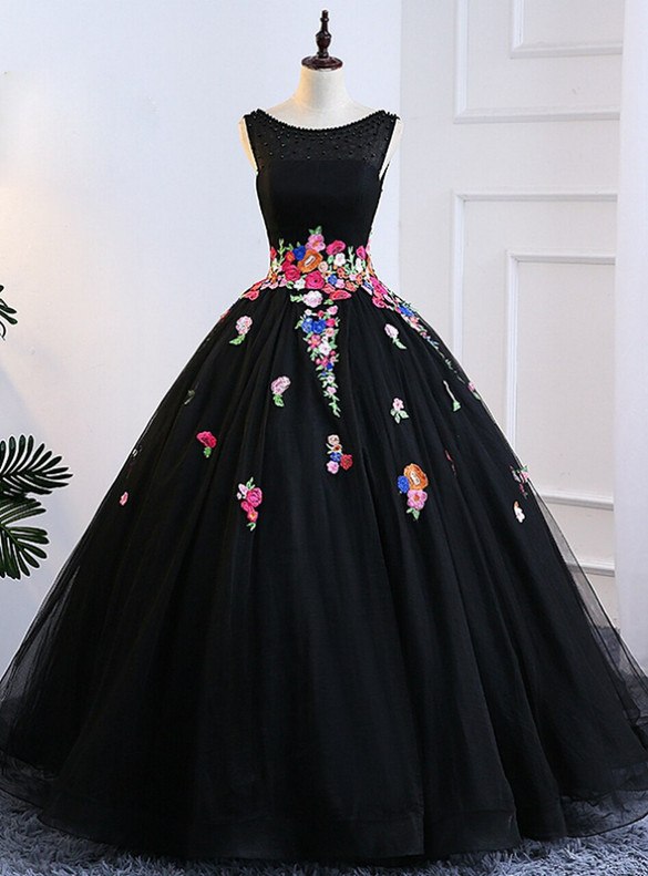 Black Tulle Embroidery Appliques Quinceanera Dress