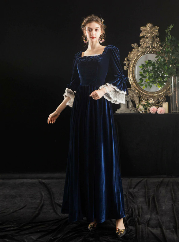 Navy Blue Velvet Square Vintage Victorian Dress