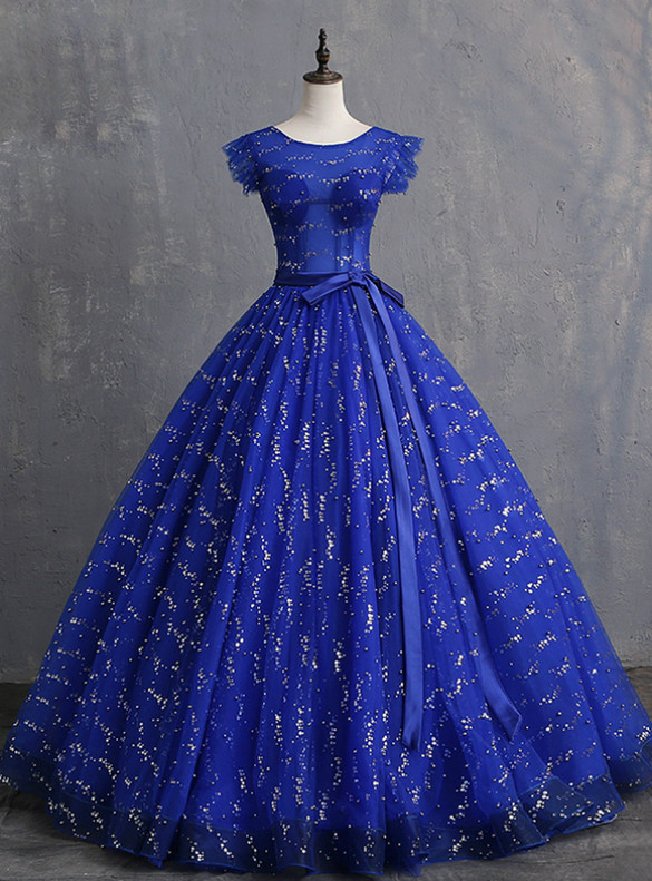 Royal Blue Sequins Tulle Backless Quinceanera Dress