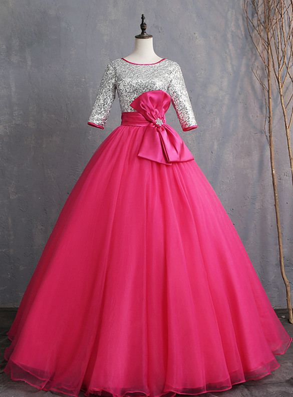 Fuchsia Sequins Tulle Short Sleeve Quinceanera Dress