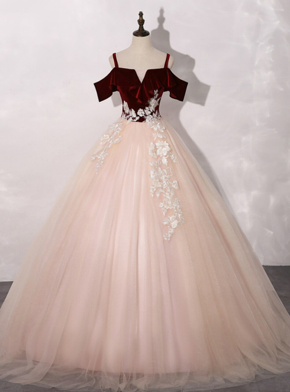 Pink Tulle Burgundy Velvet Appliques Quinceanera Dress