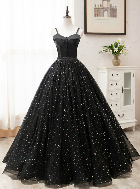 Black Tulle Spagehtti Straps Button Quinceanera Dress