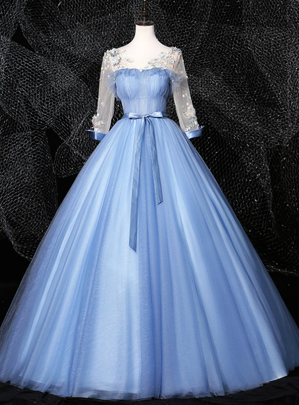 Blue Tulle Short Sleeve Appliques Pleats Quinceanera Dress