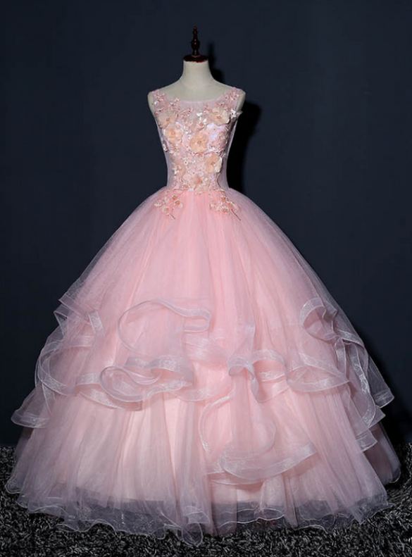 Fashion Pink Tulle 3D Appliques Quinceanera Dress