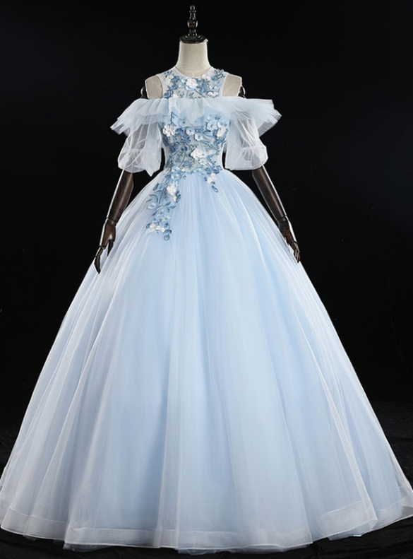 Light Blue Tulle Appliques Backless Quinceanera Dress