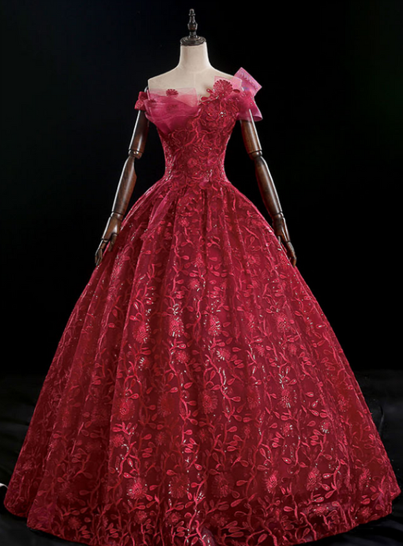 Burgundy Tulle Sequins Embroidery Quinceanera Dress