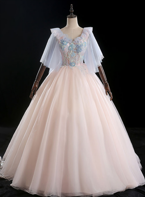 Pink Tulle Appliques V-neck Quinceanera Dress