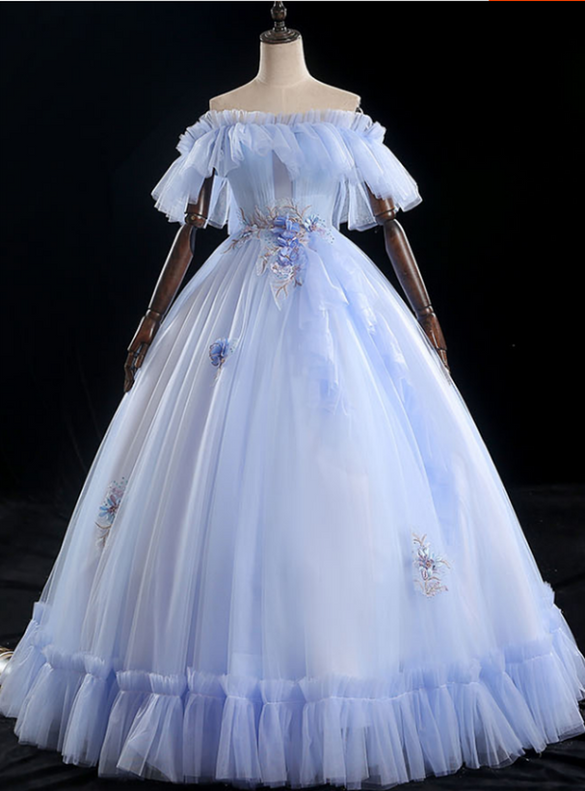 Blue Tulle Appliques Ball Gown Quinceanera Dress