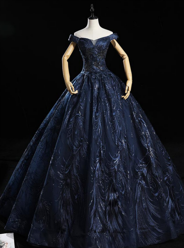 Navy Blue Tulle Sequins Off the Shoulder Quinceanera Dress