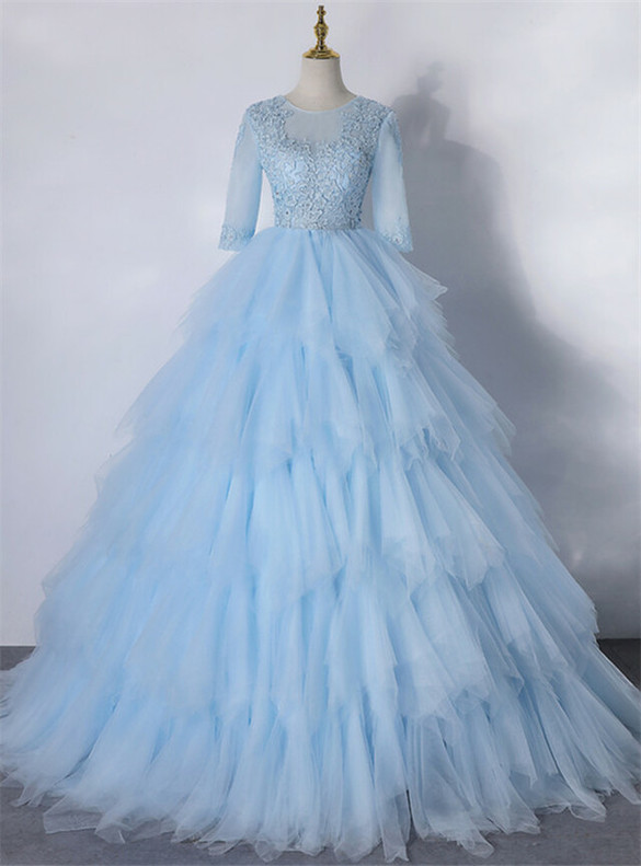 Blue Tulle Appliques Short Sleeve Quinceanera Dress