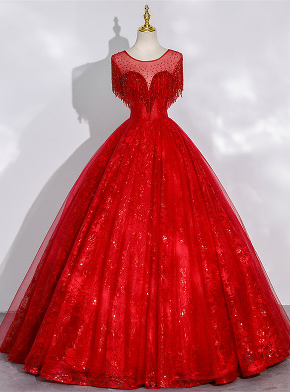 Red Sequins Lace Backless Beading Quinceanera Dress