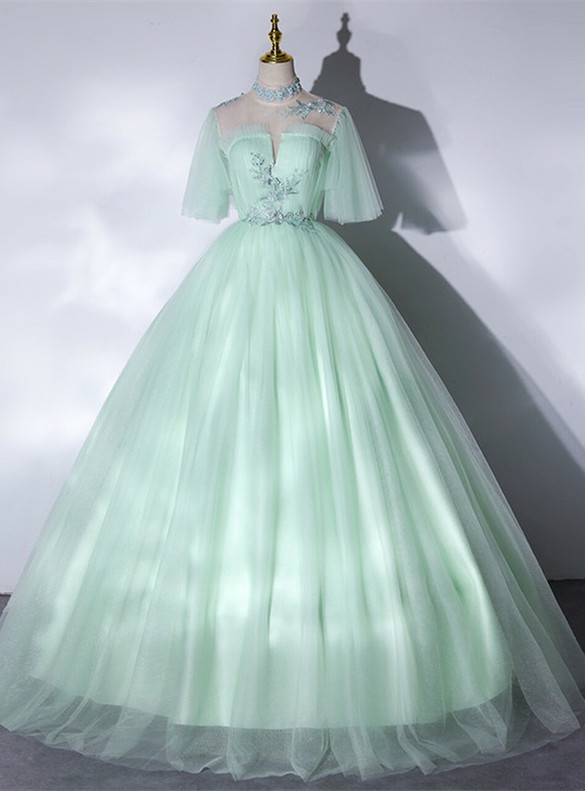 Green Tulle High Neck Appliuqes Pleats Quinceanera Dress