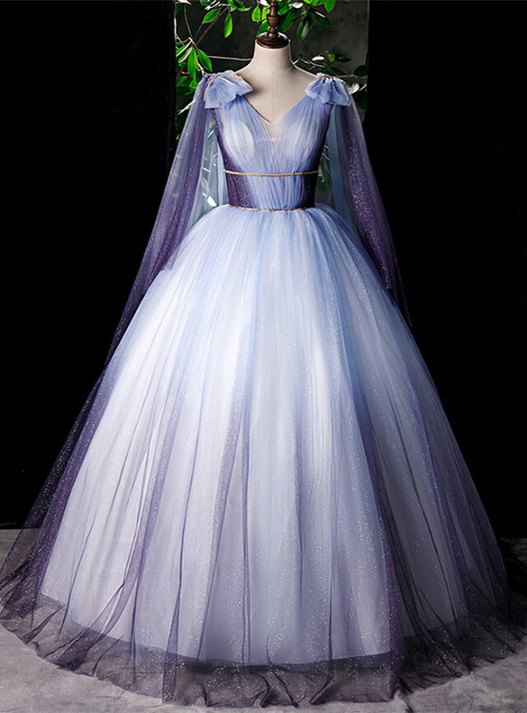 Purple Tulle Sequins V-neck Pleats Quinceanera Dress