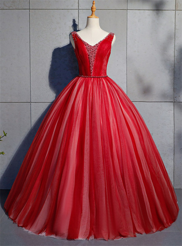 Red Tulle V-neck Beading Pearls Pleats Quinceanera Dress