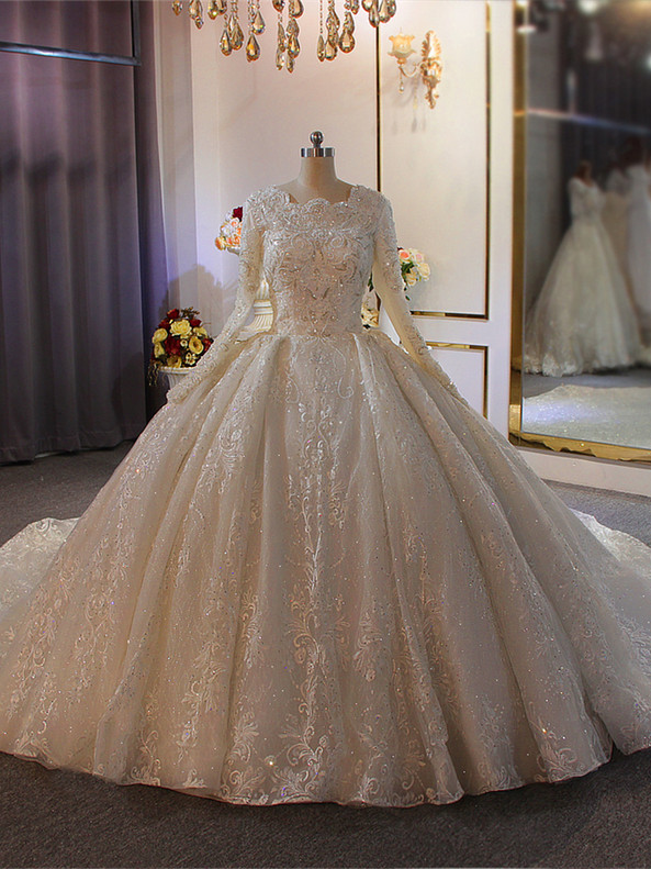 White Tulle Lace Long Sleeve Beading Wedding Dress