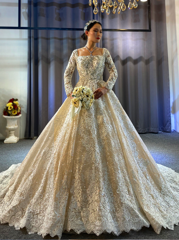 Champagne Tulle Pearls Beading Long Sleeve Wedding Dress