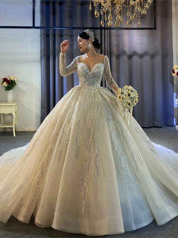 Tulle Sequins Beaidng Illusion Nack Long Sleeve Wedding Dress