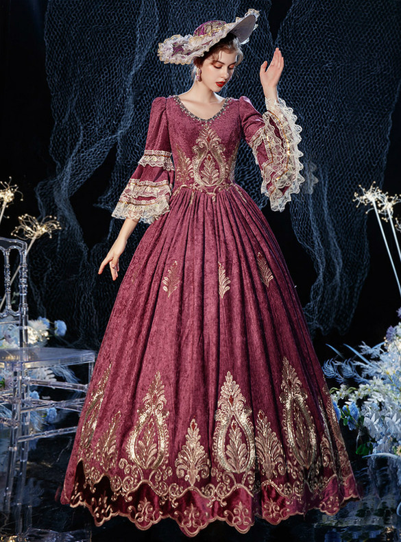 V-neck Long Sleeve Gold Appliques Rococo Baroque Dress