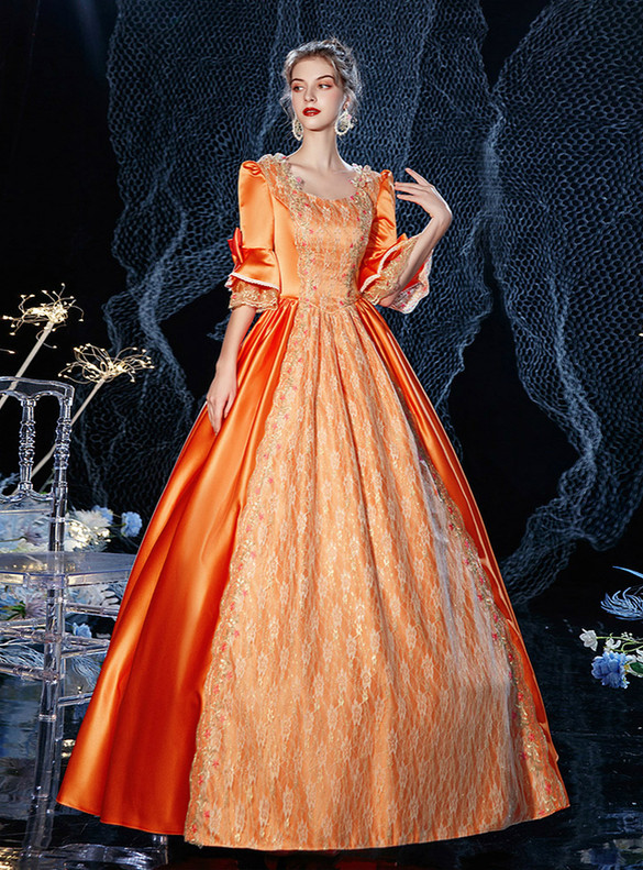 Orange Satin Lace Short Sleeve Antonietta Vintage Dress