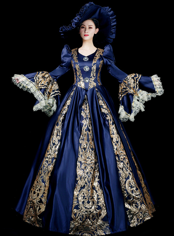 Navy Blue Satin Gold Sequins Long Sleeve Rococo Dress