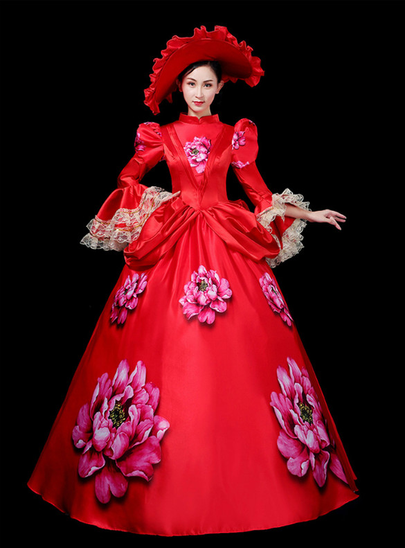 Red Satin Long Sleeve High Neck Print Antonietta Dress