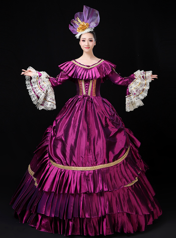 Purple Satin Long Sleeve Pleats Rococo Baroque Dress