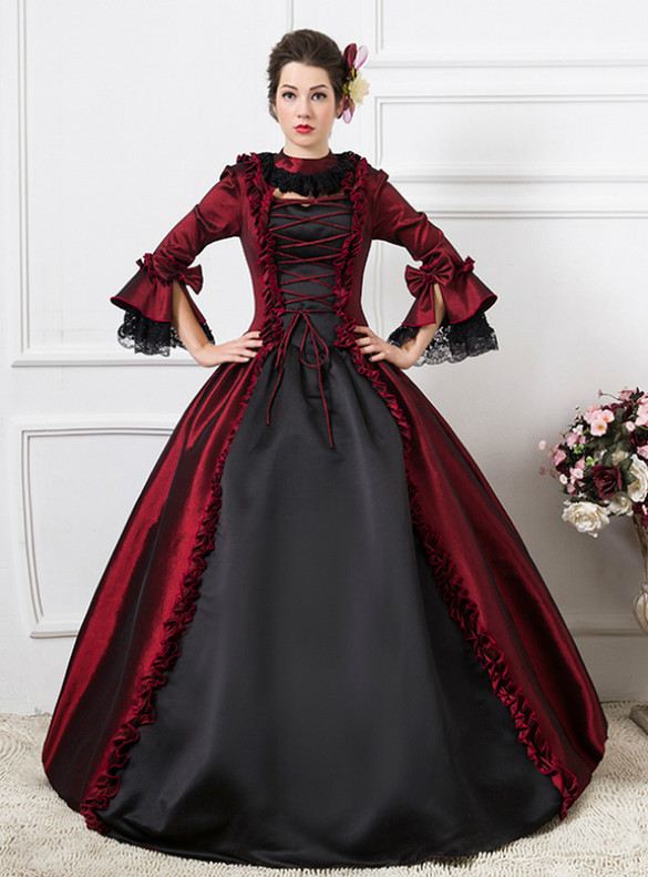 Black Burgundy Satin Long Sleeve Bow Rococo Baroque Dress