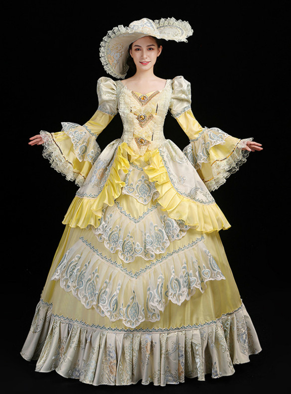 Yellow Satin Lace Square Long Sleeve Baroque Victorian
